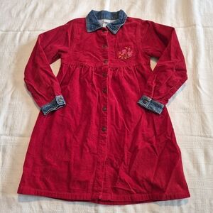 Oshkosh girls 6X Red Corduroy prairie dress denim collar Fall Winter VGUC
